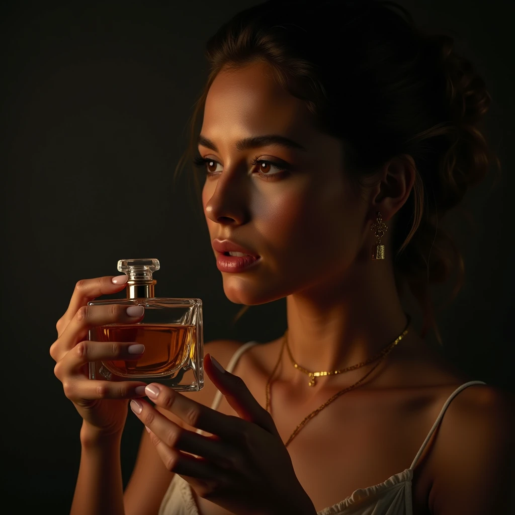 a beautiful cordobesian, andalucia woman, chiquita la piconera cuadro detailed face and body, sensual expression, photographing a perfume, lubin akkab, hyperrealistic studio, dramatic lighting, high quality professional photography, elegant, sophisticated, cinematic, moody colors, dark and warm tones, chiaroscuro, dramatic shadows, glass, metal, beautiful details, depth of field, bokeh