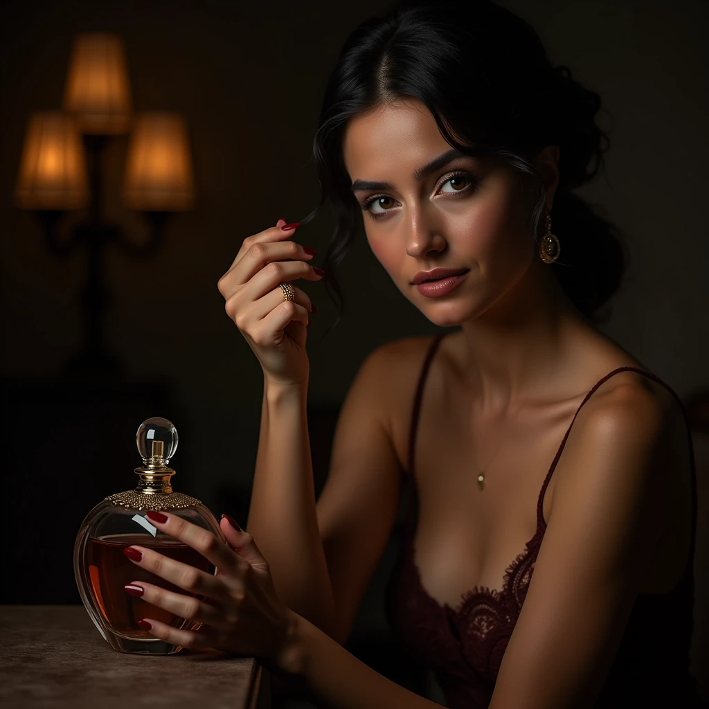 a beautiful cordobesian, andalucia woman, chiquita la piconera cuadro detailed face and body, sensual expression, photographing a perfume, lubin akkab, hyperrealistic studio, dramatic lighting, high quality professional photography, elegant, sophisticated, cinematic, moody colors, dark and warm tones, chiaroscuro, dramatic shadows, glass, metal, beautiful details, depth of field, bokeh 