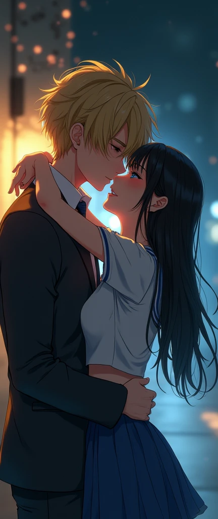 (32K:1.9, Highest quality, masterpiece, Ultra-high resolution), Perfect dynamic composition:1.3, Highly detailed skin and facial textures:1.3, Cute sexy slim Japanese girl, (Slimman, Height about 180cm), (They both close their eyes, Man hugging woman:1.3), Fair skin, ((Clarity:1.1)), (Man is anime「Marmalade Boy」Play:1.3, Light yellow hair, beautiful目:1.3), (The woman is wearing a brown uniform with a light blue tie.:1.3, Straight black hair.:1.3, smile:0.9, A man completely charms a woman:0.9, beautiful Blue Eyes, beautiful, Clear Eyes:0.8), Sexy Face:0.4, blush:1.1, (beautifulエロティシズムを醸し出す雰囲気:0.8), Professional random camera work, Cinematic Lighting Effects, (Full Body Shot), (Too erotic), romantic, mysterious, Object of admiration, original, dramatic, artistic, Innovative, charm, Heartful, Fancy, Tilt, sense of loss, special, exciting, Extreme, sense of openness, joy, joyの表現, ((若さのcharm, 女性的なcharm))