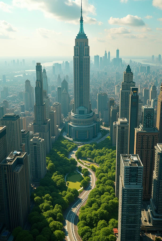 (Generates an image of New York City from above the Empire State Building, An ecological futuristic city with high definition colors)