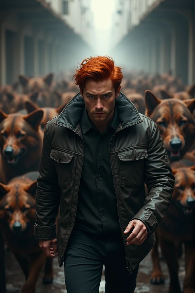 Create a redheaded man, korean, being leader of a pack.