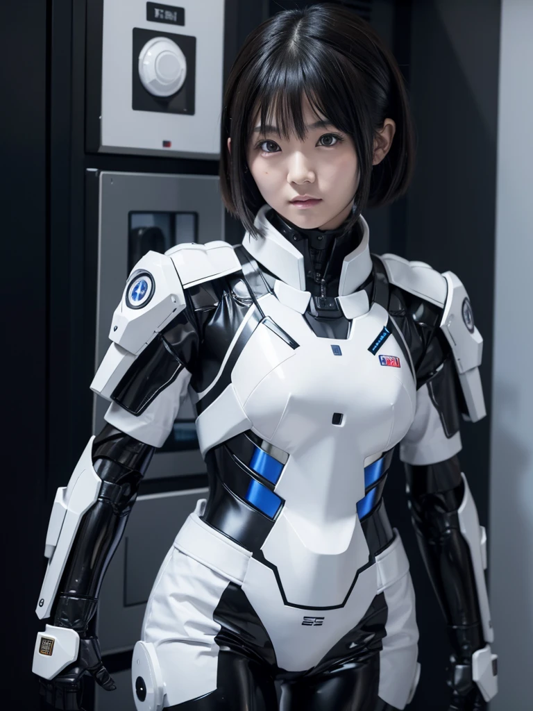 Japanese woman in a black and white robot suit,There is a control panel on the chest.,