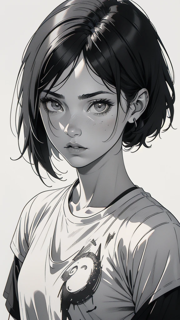 1 boyish girl, solo, sharp eyes, monochrome, greyscale, short black hair, portrait, white T-shirt, thin eyebrows, closed mouth, looking at viewer, graphite \(medium\), detailed lips, hatching \(texture\), without makeup, full bangs, upper body, (best illustration), (best quality), (very detailed), (masterpiece), expressionless,