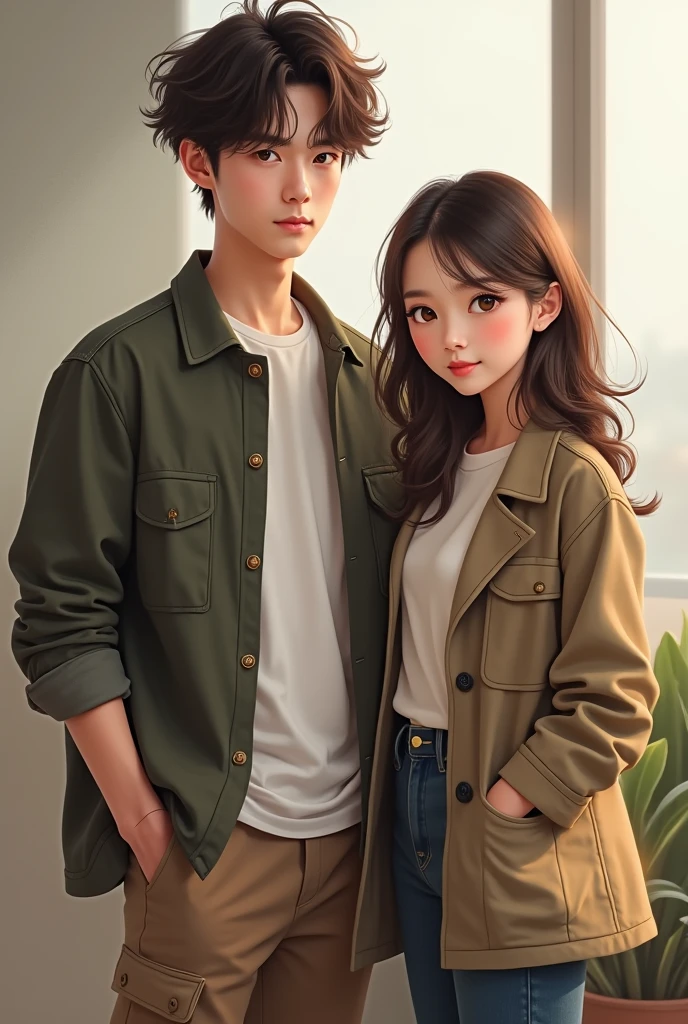 Two young people around 1, a man and a woman, the man taller and with curly hair, both dressed and not Korean. 