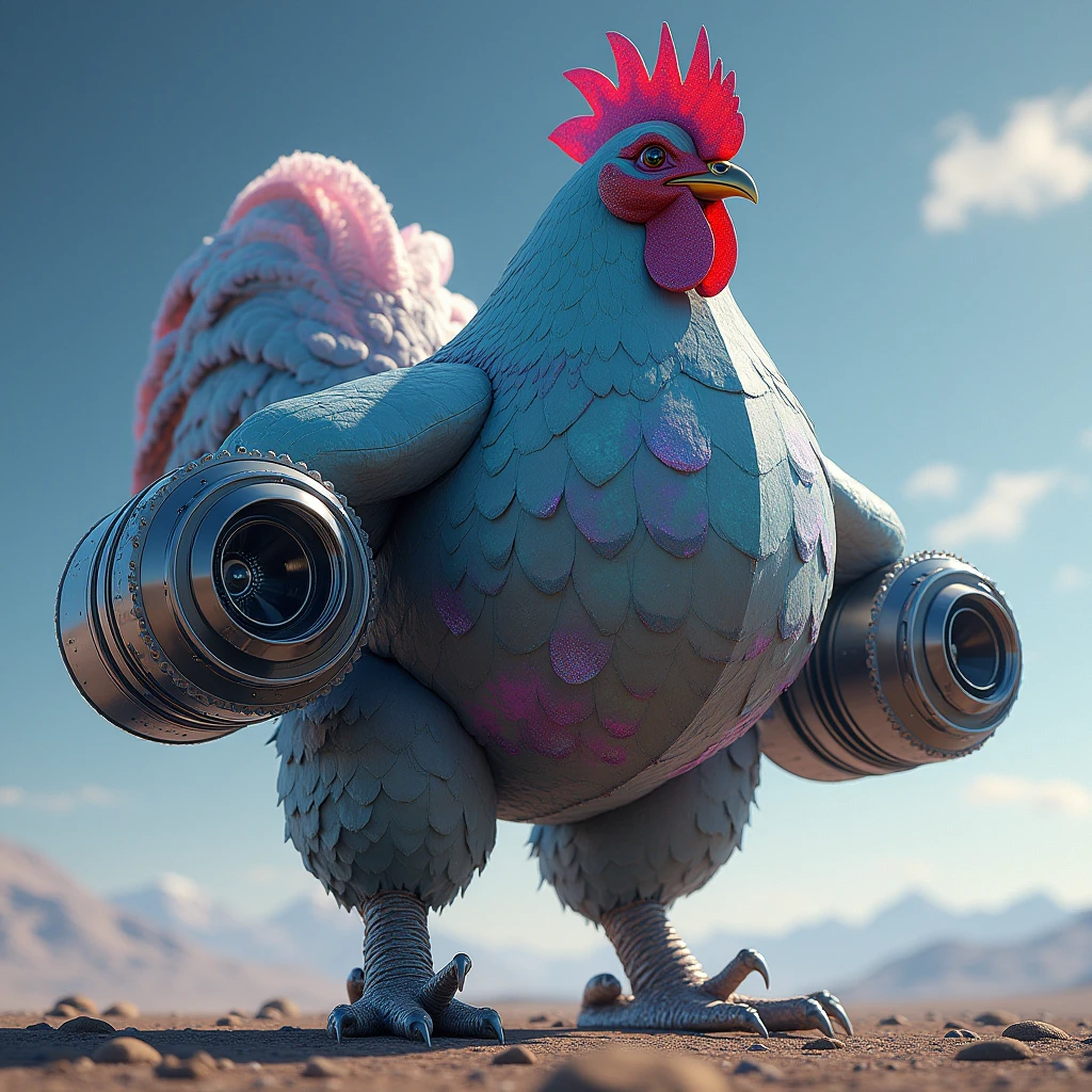 A 3D render of a giant chicken with a color similar to a galaxy. The chicken has four jet engines on its back, each with a circumference of 1,844 km and an area of 282,600 km squared. Each engine contains a 12 cyl turbo-charged diesel engine, singularly putting out 900hp. There are also 10 turbo-charged engines powered by petrol, each outputting 1000hp. The jet engines have thrusters that exert a pressure exceeding 10000 hp. In the front of the jet engines hull, there are 8 electric motors, each outputting 500hp, totalling 4000 extra horsepower on each of the 4 jet engines. The engines have exhausts that produce 100 decibels of deafening noises. The chicken is equipped with full chemically advanced tungsten armor able to withstand speeds of 200 light years/second and temperatures of 200 billion degrees