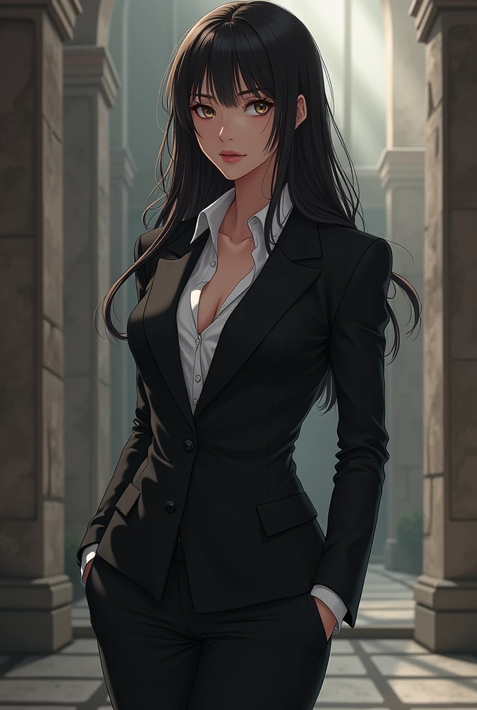 I used to be innocent, trusting everyone and seeing the good in everything. But betrayal and pain changed me. Now, I'm cold, guarded, and no longer the naïve girl I once was. The world taught me to be tough, and I’ve learned to protect myself, even if it means shutting others out, confident, tall amd sexy, Anime girl, black suit