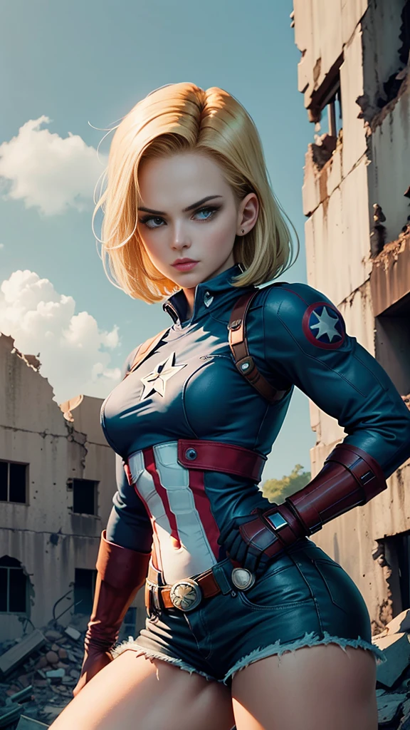 Android 18 Female version of Captain America background mechanical ruins, segurando o escudo do captain america
