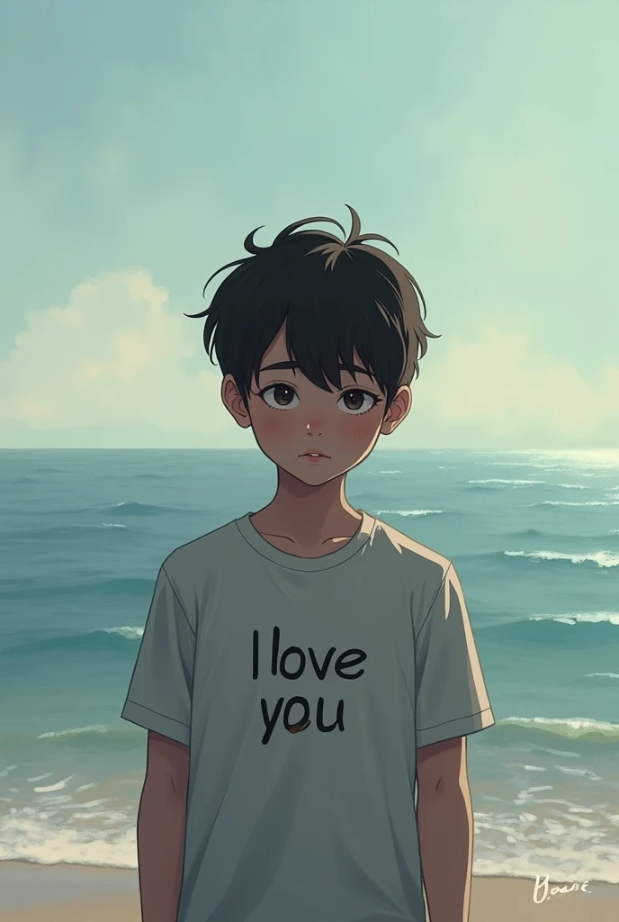 A boy is very sad he was stand in coaste sea behind fire t shirt was printed i love tou