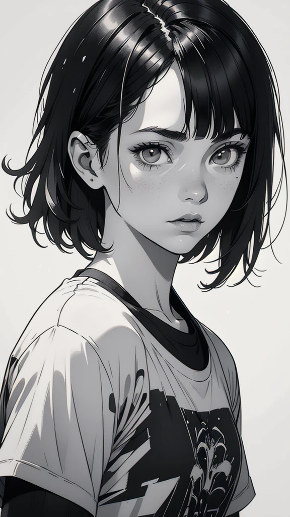 1 boyish girl, solo, sharp eyes, monochrome, greyscale, short black hair, portrait, white T-shirt, thin eyebrows, closed mouth, looking at viewer, graphite \(medium\), detailed lips, hatching \(texture\), without makeup, full bangs, upper body, (best illustration), (best quality), (very detailed), (masterpiece), expressionless,
