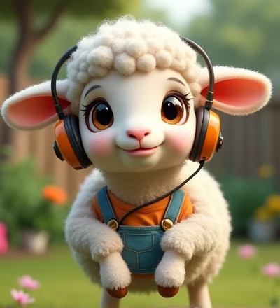Imagine a realistic little lamb with exaggeratedly funny features, oversized, dressed in cute clothes, bright eyes and curiosity, smiling, frontal image, smiling bunny, Disney style, capturing natural textures, although their paws are a little bigger, they are even cuter. The background is a simple garden, focusing on natural colors and some green plants, creating bright colors and white lambs, as you have, blouse and headphones, standing with paws raised.