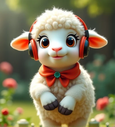 Imagine a realistic little lamb with exaggeratedly funny features, oversized, dressed in cute clothes, bright eyes and curiosity, smiling, frontal image, smiling bunny, Disney style, capturing natural textures, although their paws are a little bigger, they are even cuter. The background is a simple garden, focusing on natural colors and some green plants, creating bright colors and white lambs, as you have, blouse and headphones, standing with paws raised.