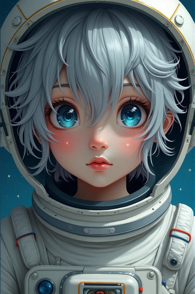(Get a closer look at more masterpieces:1.5)0.9], (Space and astronauts:1.2) (Messy silver hair:1.1) (Heterochromia xanthochromia and blue eyes:1.2) (Space Helmet:1.0) (Colored stars in the eyes:1.0) (shining:1.1) (thick lips:0.9)Upper body