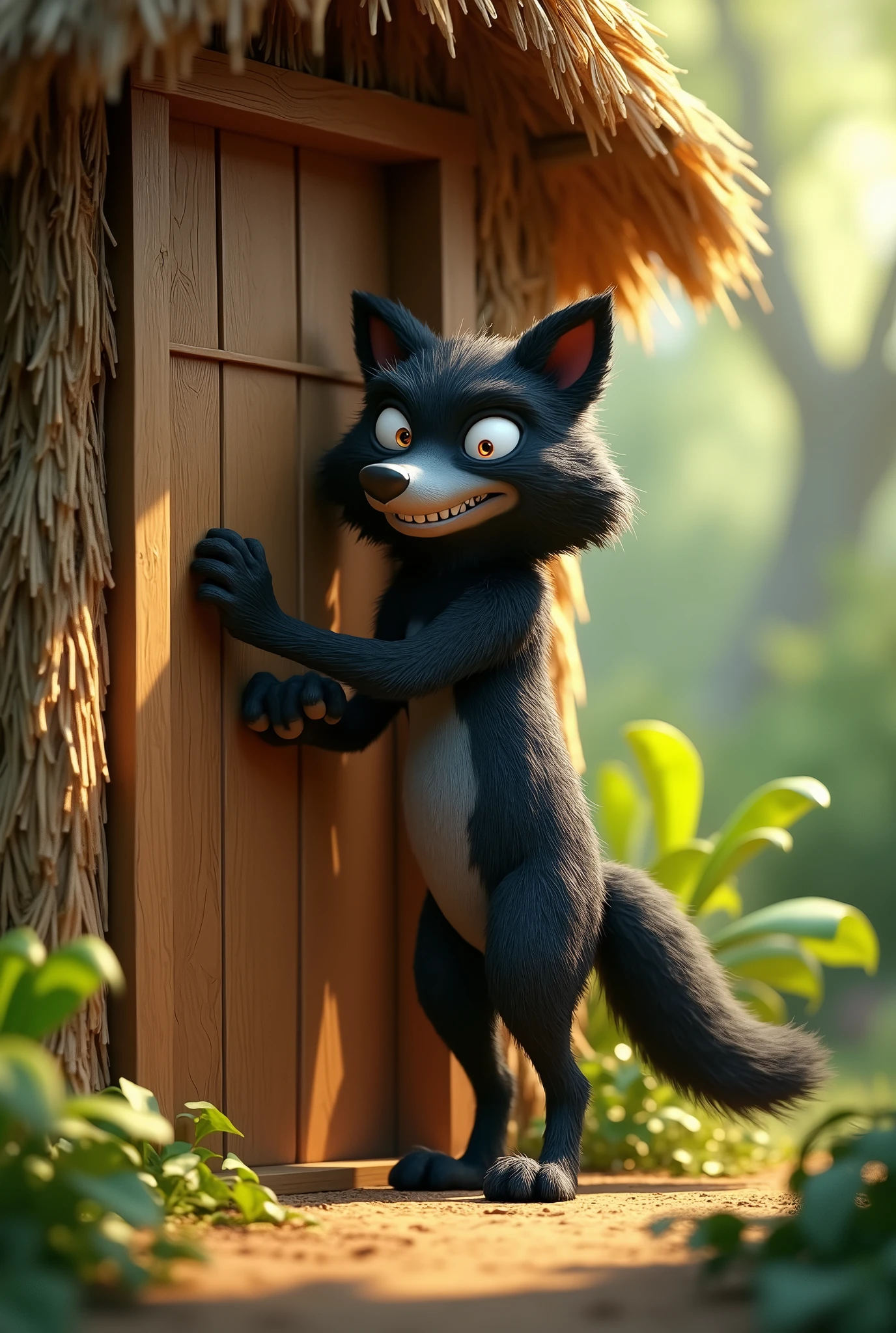 pixar style sideview of a 3D scary cute black furry wolf with realistic black fur 3D illustration looking at the wooden door and knocking the wooden door of a straw house, (1male wolf:1.2), (sinister yet playful expression:1.5), dangerously playful, dark humour, standing on its too feet like a cartoon character, lean build, (disproportionate body long nose and mouth), (smiling notoriously with expression of sly and mischief), (realistic fur texture), (jungle background:1.4), standing and knocking the door of a straw house, sunlight filtering through the trees, (soft lighting:1.3), (green and earthy color scheme:1.3), (highly detailed), (ultra quality:1.3), (masterpiece), (digital art), 8K resolution, HDR, depth of field, (soft shadows), (photorealistic:1.3), (animation:1.2), (by Greg Rutkowski:0.9), (in the style of Alphonse Mucha), trending on ArtStation, award-winning art