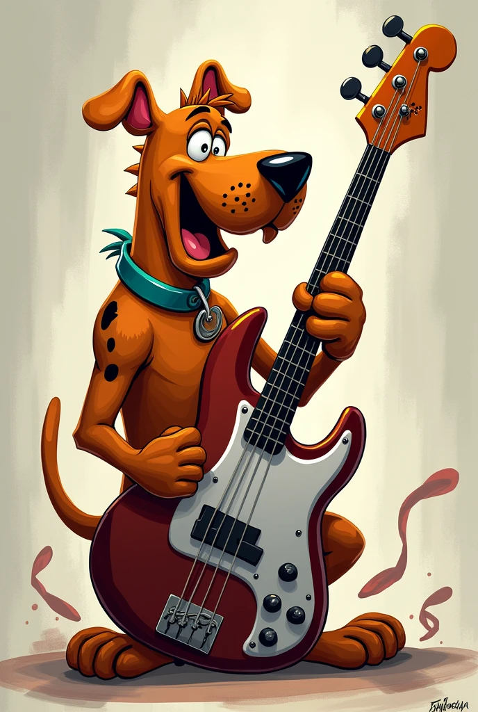 Online drawing of scrappy doo playing bass
