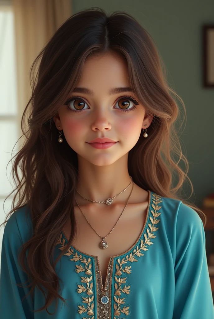 A beautiful Pakistani girl wearing shilwar Qameez in blue colour and she is 2 brown bugging eyes fair smooth skin tone and her hair are long and wavy in light brown color her face is oval chubby