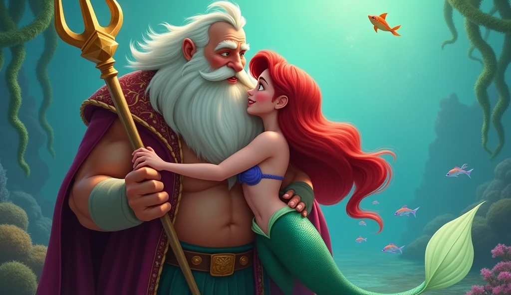 Mermaid Ariel hugging her father King Triton while he holds his trident