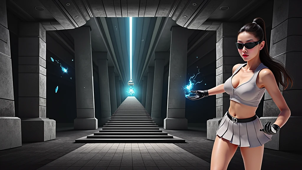 A young futuristic female sorcerer with a glowing floating small crystal stone, releasing mysterial spell and magical power, facing and defeating dark forces and beings. She stands with her right hand raised forward with a blue fire of light, at night, (1girl, solo, alone), photorealistic, large-breast slim:0.6 body, oval:0.5 face, cleavage:1.1, very low angle view of pleated miniskirt, deep-v, (upskirt), glove, (Matrix style black micro sunglasses), dynamic running pose, (half-body thigh level close-up shot), cinematic lighting, ray tracing, motion blur background.