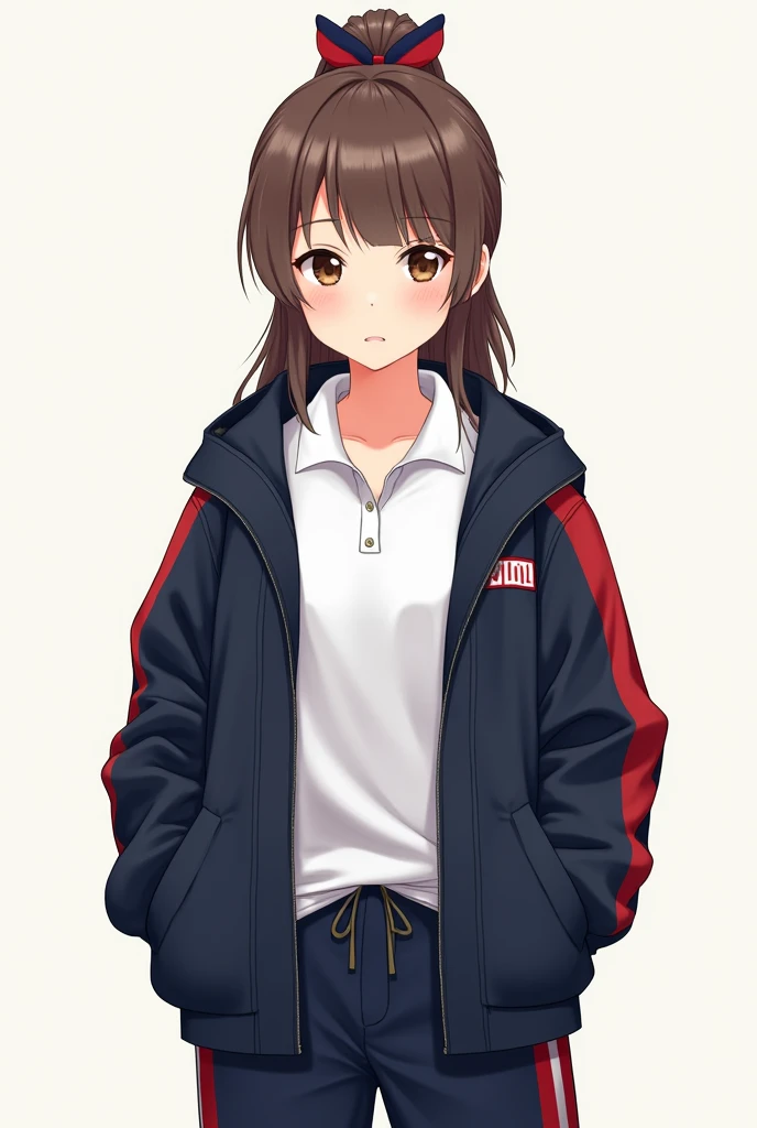 Make a picture of a girl with her hair in a ponytail and a red and blue bow, brown eyes, with a white polo shirt ,with a navy blue diver with red stripes and a navy blue jacket with red stripes, that is not in anime