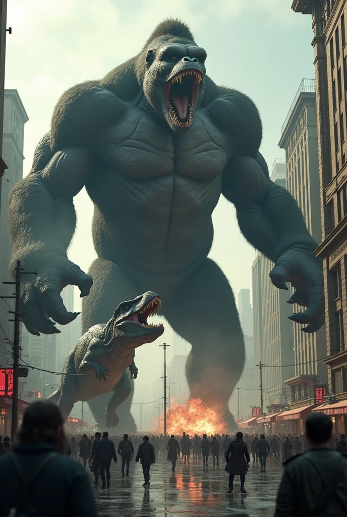 Dinosaurs attack on citizens king kong fighting with dinosaur to safe the people 