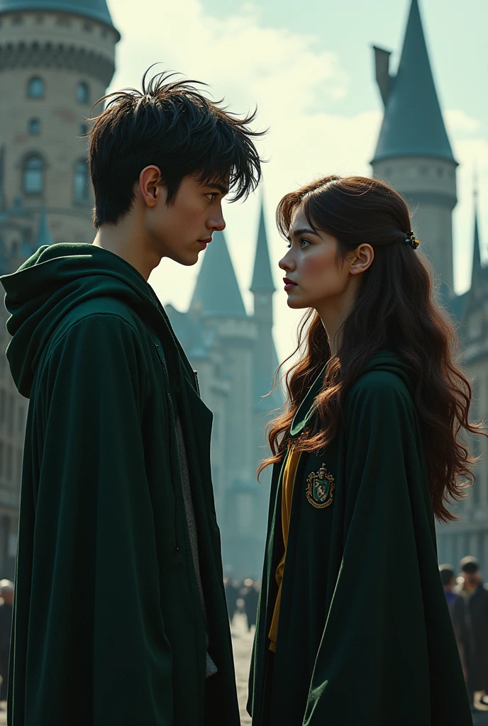 make a picture, from the history of the potters, Harry with his sister Amelia, brown haired amnos, where it is noticeable that they are divided, harry being gryffindor and she being slytherin
