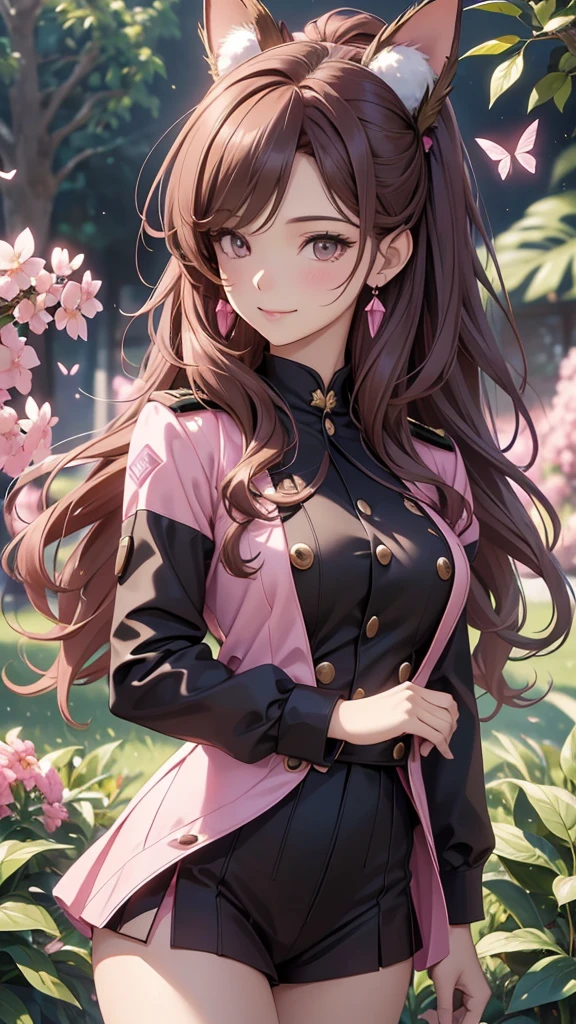 (best quality,4k,8k,highres,masterpiece:1.2),ultra-detailed,(realistic,photorealistic,photo-realistic:1.37),acrylic painting,beautiful Brazilian model in a uniform outfit with downy hair,beautiful Brazilian model with extremely colorful brown hair and detailed facial features,beautiful Brazilian model standing in a beautiful garden sakura flowers, long hair,cat ears, hair bows, uniform pink and black outfits, smile, happy face, brown pink hair,butterflies, brown eyes, mature woman, older woman