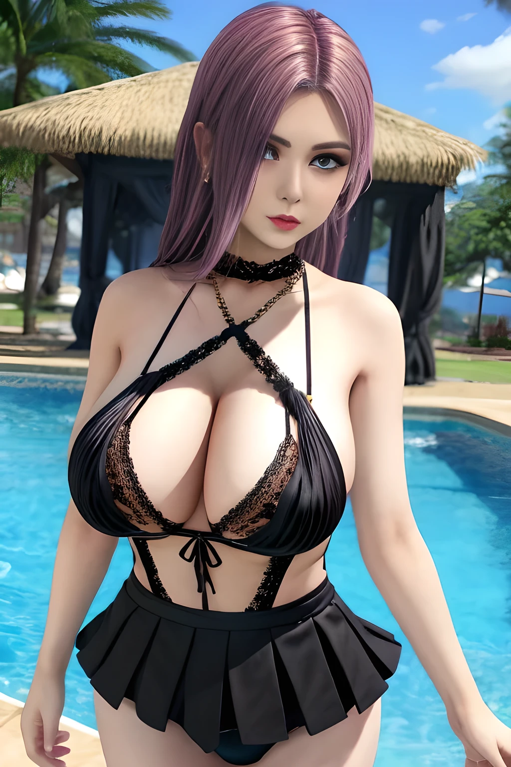 1girl ,BREAK a fashionable lace swimsuit, the upper part of her swimsuit is white with black edges and designed into a cross-V-neck style. The lower part is black, showing a pleated design and the skirt is slightly flared. The overall style looks sexy and fashionable. ,, huge breasts,mature women, (masterpiece), best quality,elise