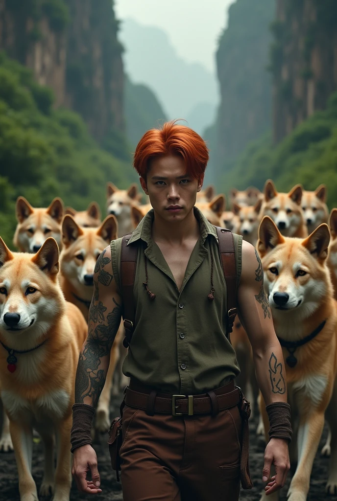 Create a redheaded man, with features of the Korean singer, Park Jimin, being leader of a pack.