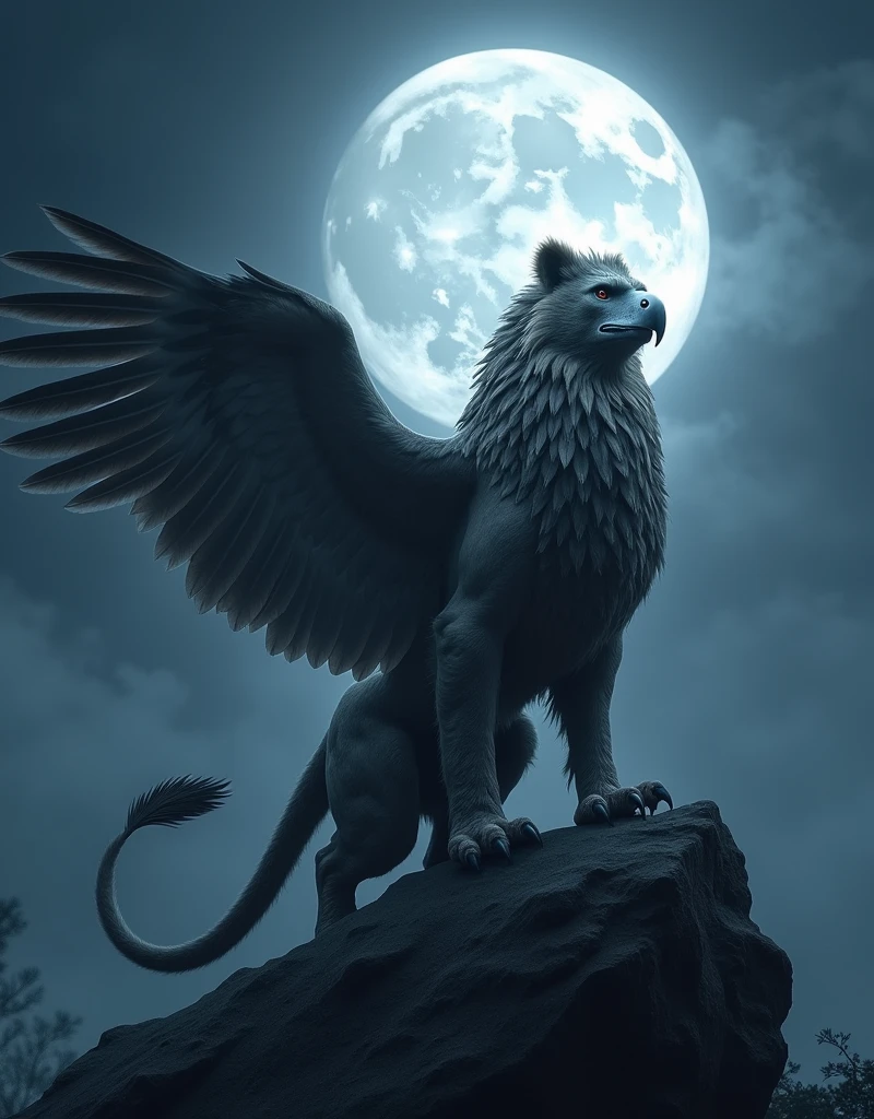 Under the light of a full moon, the griffin stands atop a high peak, bathed in silver moonlight, It has the body and claws of a lion, and the head and wings of an eagle, The moon’s glow highlights the intricate patterns of its feathers and the majestic curve of its wings. The scene exudes a sense of calm and reverence, with the griffin gazing into the distance, embodying both strength and serenity.