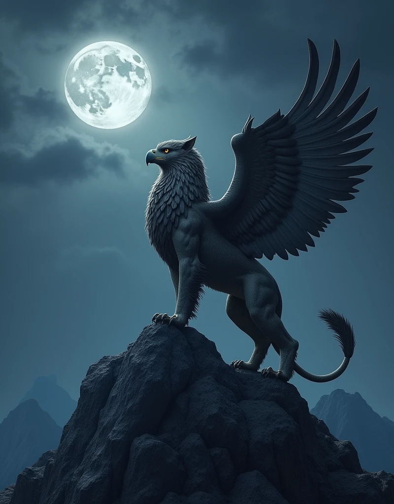Under the light of a full moon, the griffin stands atop a high peak, bathed in silver moonlight, It has the body and claws of a lion, and the head and wings of an eagle, The moon’s glow highlights the intricate patterns of its feathers and the majestic curve of its wings. The scene exudes a sense of calm and reverence, with the griffin gazing into the distance, embodying both strength and serenity.