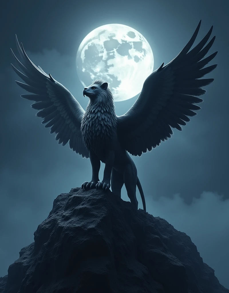 Under the light of a full moon, the griffin stands atop a high peak, bathed in silver moonlight, It has the body and claws of a lion, and the head and wings of an eagle, The moon’s glow highlights the intricate patterns of its feathers and the majestic curve of its wings. The scene exudes a sense of calm and reverence, with the griffin gazing into the distance, embodying both strength and serenity.
