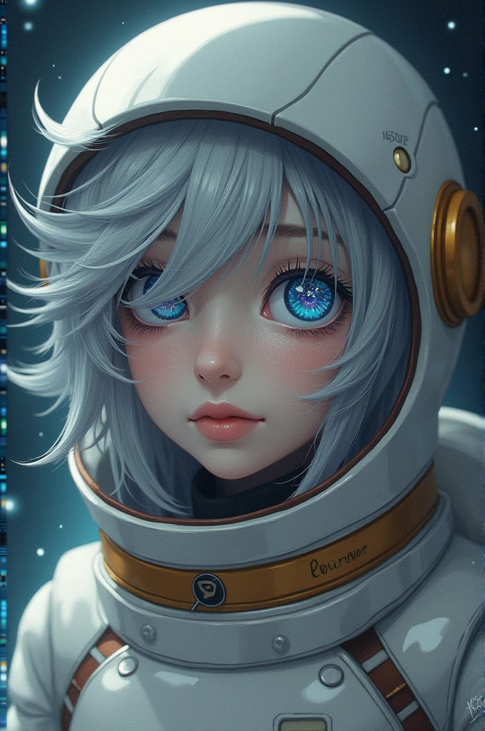 (Get a closer look at more masterpieces:1.5)0.9], (】:1.2) (Messy silver hair:1.1) (Heterochromia xanthochromia and blue eyes:1.2) (Space Helmet:1.0) (Colored stars in the eyes:1.0) (shining:1.1) (thick lips:0.9)Upper body