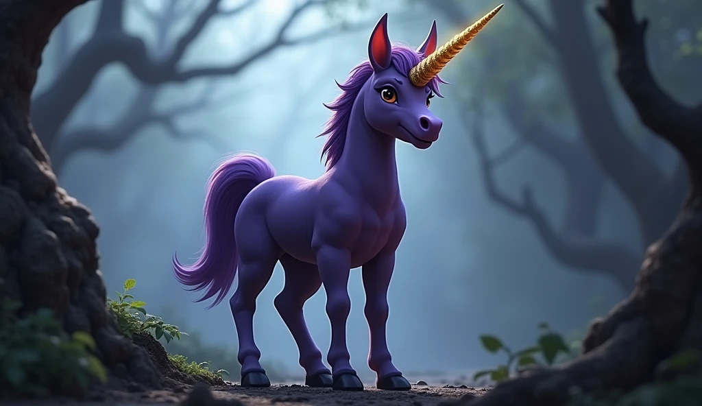 "Create a hyper-realistic, dark fantasy version of Uni the Unicorn from 'Dungeons & Dragons' (Caverna do Dragão), set in a dark and eerie environment inspired by the shadowy and mystical world of the series. Focus on capturing the intricate details and textures of her appearance while preserving her iconic visual. Uni should have her distinctive appearance as a young unicorn, with a sleek, smooth coat and a gentle yet wary expression.
Her coat should be a rich, deep shade of purple with realistic fur texture—soft, slightly matted, and with subtle highlights and shadows that enhance her form. The iconic golden horn should be detailed, with intricate patterns and a slight, ethereal glow to emphasize its magical nature. Her hooves should appear sturdy and well-defined, with small, realistic details like slight cracks and wear from the terrain.
The setting is a dark, misty glade or ancient, shadowy forest typical of the 'Dungeons & Dragons' world, with twisted trees, overgrown vegetation, and a foggy atmosphere. The background should evoke the series' blend of fantasy and danger, with the environment slightly blurred to keep the focus on Uni’s detailed and realistic portrayal. The textures of her coat, horn, and overall form should be central, while the environment subtly enhances the dark and mystical mood."