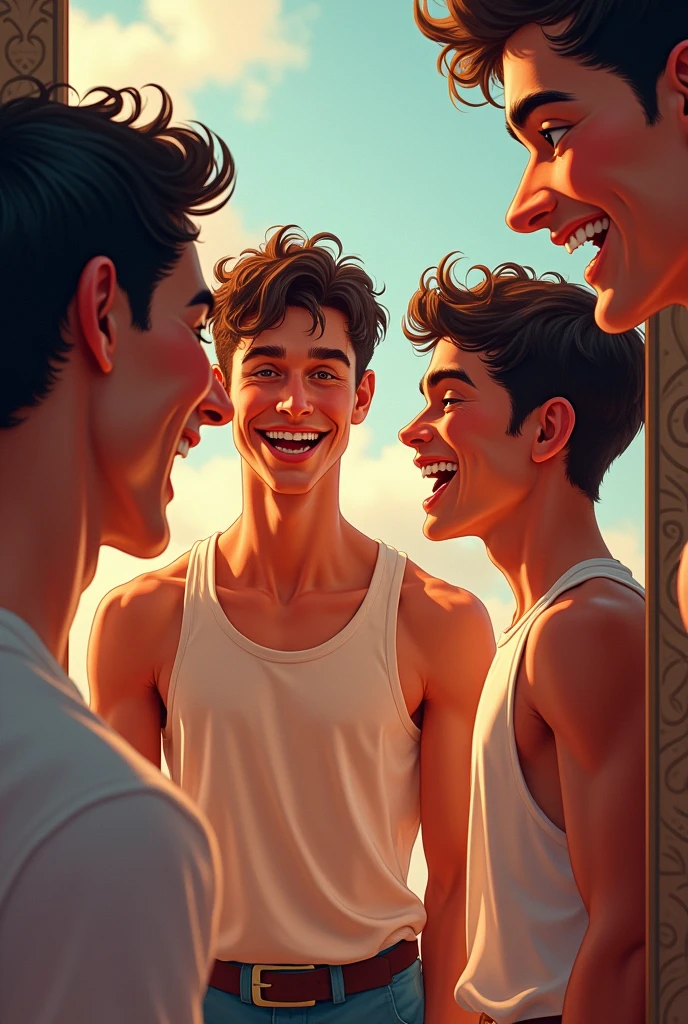Happy young men, see in espejo