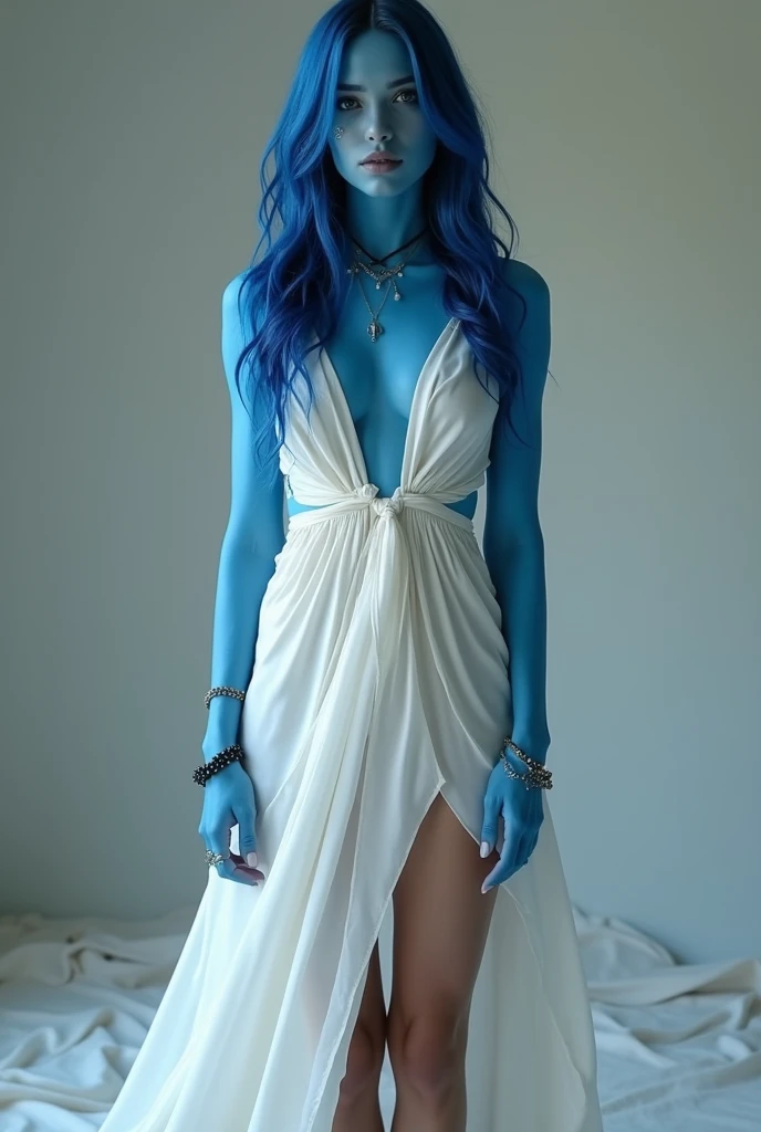 smur-fette from the smurfs, beautiful charismatic woman, piercings, athletic, a woman with a white dress, gorgeous figure, interesting shapes, full body photo shot, goth style, dark eye, in the style of jessica drossin, life-size figures, 8k sharp focus, highly detailed, photorealistic
