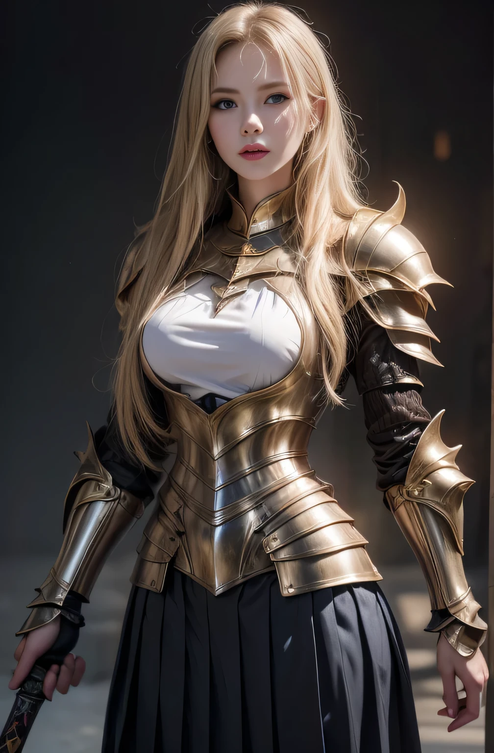 bright look、ponytale、young, sparkling, White and radiant skin、Best Look、The reflection of blonde hair、Platinum blonde hair with dazzling highlights、shiny light hair,、Super Long Silk Straight Hair、Radiant beautiful bangs、Radiant clear attractive big blue eyes、Very beautiful, dashing, Cute girl、Lush bust,Beautiful detailed eyes, Beautiful detailed nose,(( s whole body:1.25)),Makeup emphasizes the eyes、((pleated skirt:1.3)),(Women like Joan of Arc:1.3)、(S armor:1.3)、knightage, (Equipped with a long sword :1.2),Royal style,comic style, , Sub-surface scattering, Dazzling detail, Natural background, A hyper-realistic, films, with dramatic lighting, masutepiece、(Decorative armor)、(Wearing an aura:1.5)、CIRCLET、((Princess Knights))、Frild、((hold a black golden long sword)) , (((super colossal breast))), ((pointy breast)), blushing, blue eyes , ((golden hijab))
