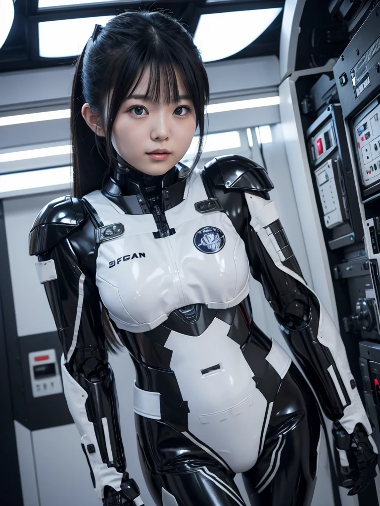 Japanese woman in a black and white robot suit,There is a control panel on the chest.,Plump,