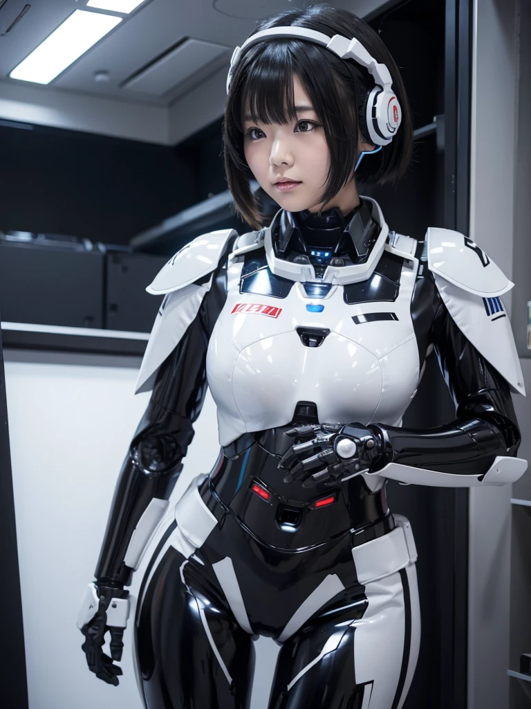 Japanese woman in a black and white robot suit,There is a control panel on the chest.,Plump,