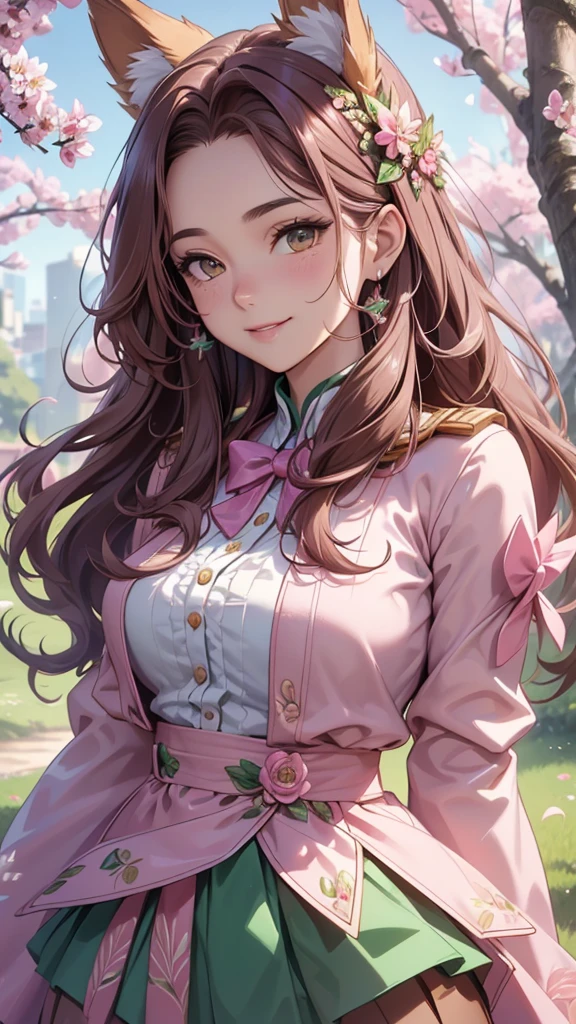 (best quality,4k,8k,highres,masterpiece:1.2),ultra-detailed,(realistic,photorealistic,photo-realistic:1.37),acrylic painting,beautiful Brazilian model in a uniform outfit with downy hair,beautiful Brazilian model with extremely colorful brown hair and detailed facial features,beautiful Brazilian model standing in a beautiful garden sakura flowers, long hair,cat ears, hair bows, uniform pink and green outfits, smile, happy face, brown pink hair,butterflies,brown eyes, mature woman, older woman