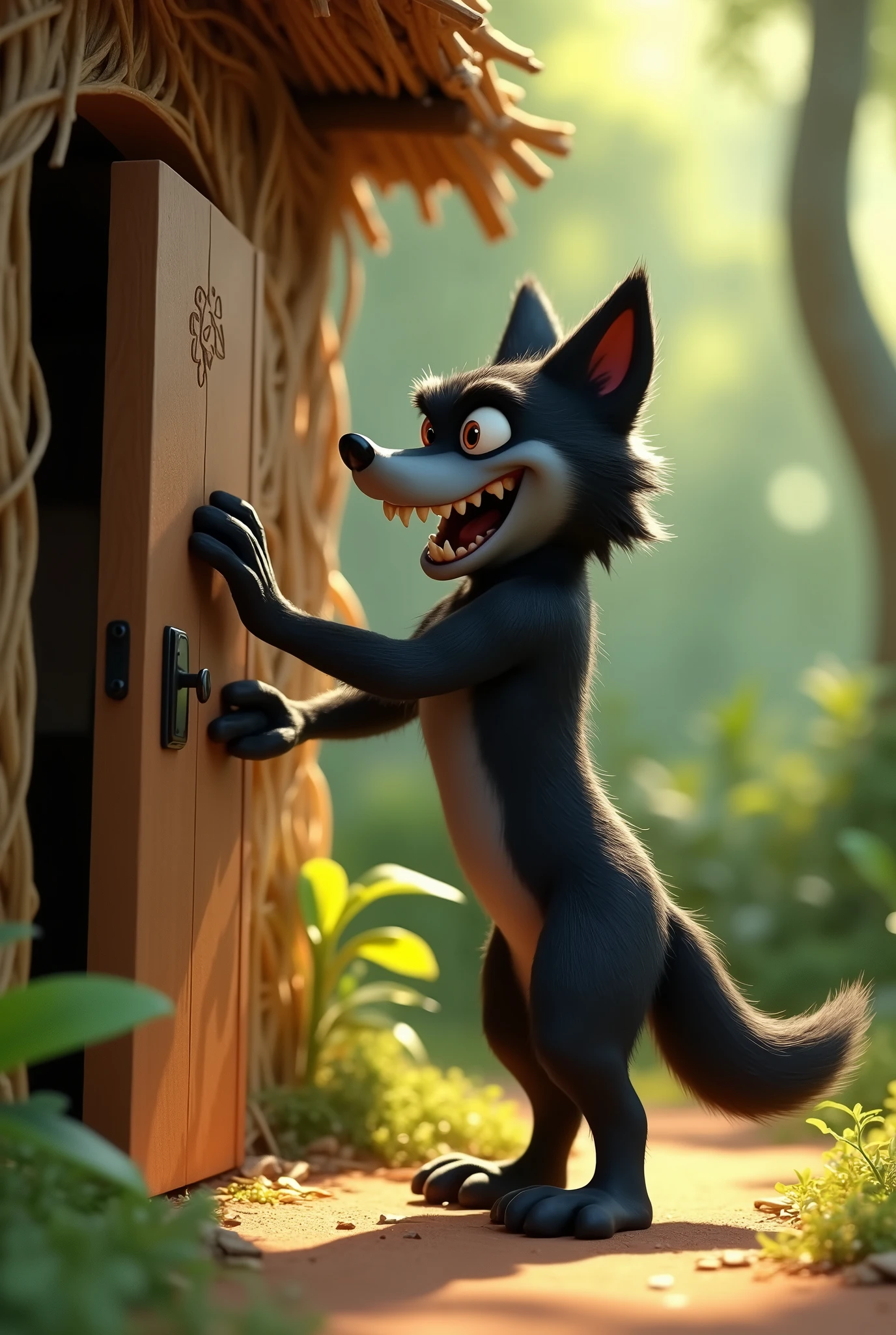 pixar style sideview of a 3D scary cute black furry wolf with realistic black fur 3D illustration looking at the wooden door and knocking the wooden door of a straw house, (1male wolf:1.2), (sinister yet playful expression:1.5), dangerously playful, dark humour, standing on its too feet like a cartoon character, lean build, (disproportionate body long nose and mouth), (smiling notoriously with expression of sly and mischief), (realistic fur texture), (jungle background:1.4), standing and knocking the door of a straw house, sunlight filtering through the trees, (soft lighting:1.3), (green and earthy color scheme:1.3), (highly detailed), (ultra quality:1.3), (masterpiece), (digital art), 8K resolution, HDR, depth of field, (soft shadows), (photorealistic:1.3), (animation:1.2), (by Greg Rutkowski:0.9), (in the style of Alphonse Mucha), trending on ArtStation, award-winning art
