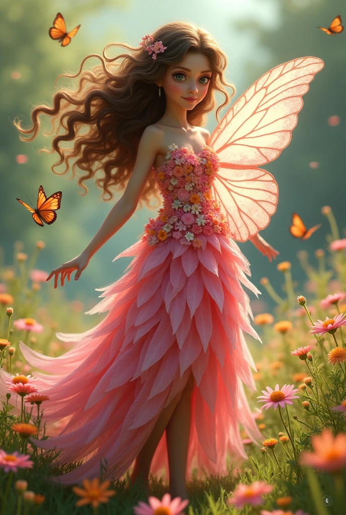 A flower fairy with brown curly hair wearing a pink dress made of flowers and sparkling wings.. She stands in a field surrounded by butterflies..