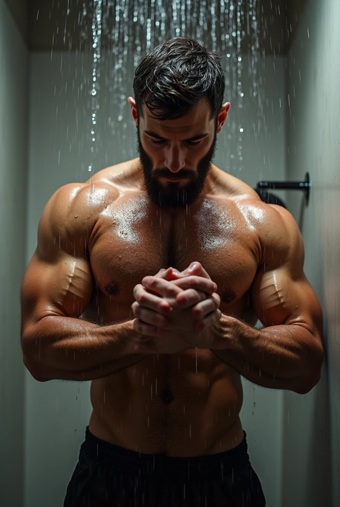 make a picture of a strong muscular six pack hot man with a beard short/long hair brunet coming out of the shower no clothes on covering himself with his hands, full body picture