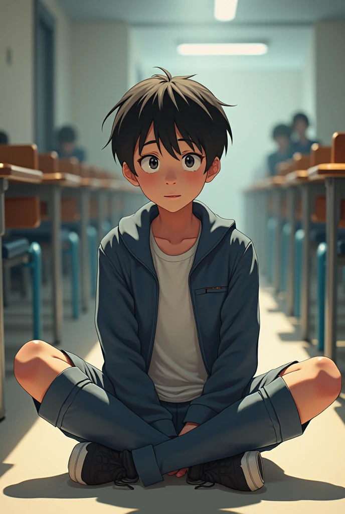 High school student sitting with legs spread