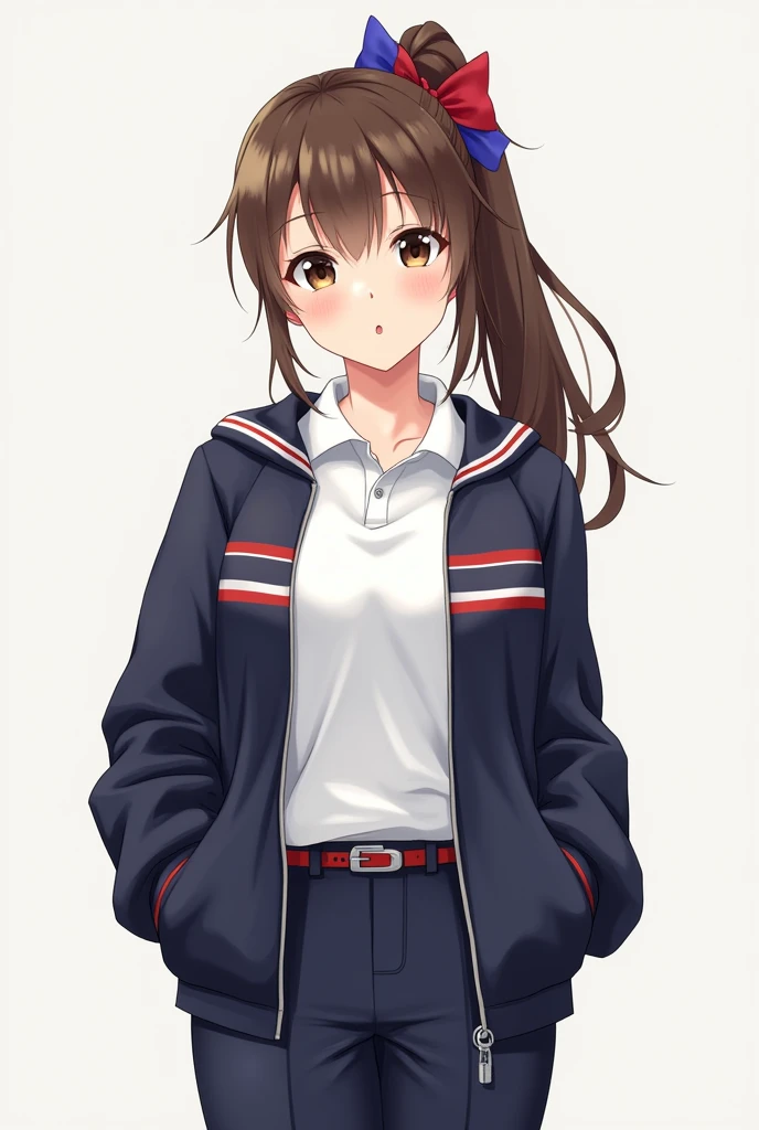 Make a picture of a age girl with her hair in a ponytail and a red and blue bow, brown eyes, with a white polo shirt ,with a navy blue diver with red stripes and a navy blue jacket with red stripes, that is not in anime