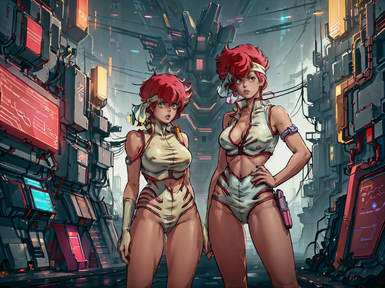 Kei from The Dirty Pair, , wearing a tight yellow outfit, frame, legs, medium breast, red hair beauty, cyberpunk city background, neon lights, cityscape, horizon,holding retro space-gun, headband, slim waist, slim thighs, thigh gap