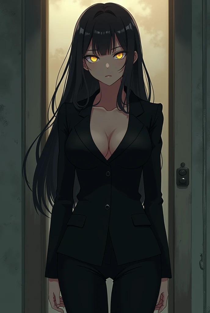 I used to be innocent, trusting everyone and seeing the good in everything. But betrayal and pain changed me. Now, I'm cold, guarded, and no longer the naïve girl I once was. The world taught me to be tough, and I’ve learned to protect myself, even if it means shutting others out, confident, tall amd sexy, Anime girl, black suit ,big breasts , glowing eyes