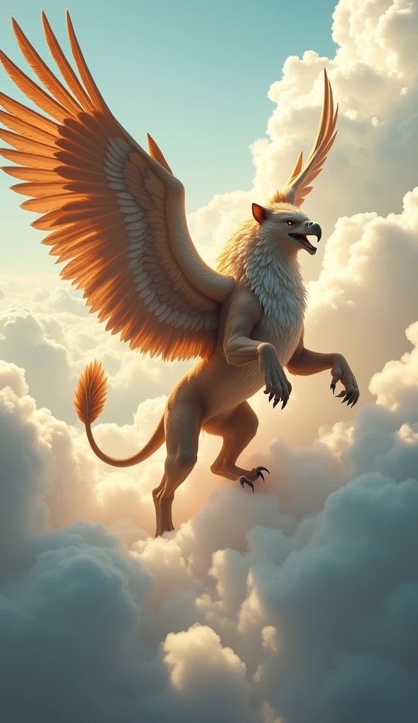 a griffin emerging through the white clouds while flying in the sky, partial body is buried by clouds, surrounded by fluffy clouds, extending its lion like limbs, sunlight shining bright, low angle camera, well defined detail, sharp color, high definition
