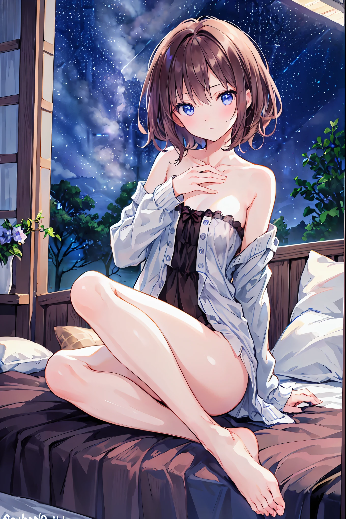 Brown Hair，Shortcuts，Messy Hair，Slender beauty，A dignified posture，Small chest，Beautiful feet，Her captivating grey-blue eyes shine like stars，Late at night,0:00 at night、Room with a night view、that&#39;It&#39;s pitch black outside、((You can see the night view from the window:2)), Bedroom、Girl sitting on bed、(One Girl),(Beautifully drawn eyes in every detail、detailedを見てください、masterpieceサイドライト、masterpiece、Highest quality、detailed、High resolution illustrations),Delicate makeup, (close:1.2)、throw、Soft Focus、Background Blur、Face me and smile,非常にdetailedな, Complex, Plain T-shirt，skirt，No exposure