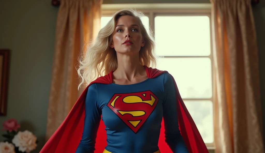 open window; Supergirl Julie Hagerty(((very beautiful old Supergirl (((1984s Supergirl movie costume))); Julie Hagerty))) Super old woman Julie Hagerty; full body view; full body; stretched in the air, confident, powerful, indestructible, attractive; flutuando no ar. 