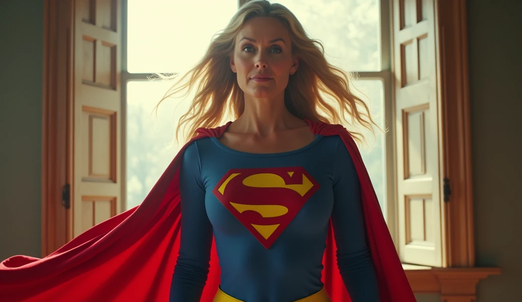 open window; Supergirl Julie Hagerty(((very beautiful old Supergirl (((1984s Supergirl movie costume))); Julie Hagerty))) Super old woman Julie Hagerty; full body view; full body; stretched in the air, confident, powerful, indestructible, attractive; flutuando no ar. 