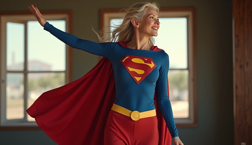 open window; Supergirl Julie Hagerty(((very beautiful old Supergirl (((1984s costume))); Julie Hagerty))) Super old woman Julie Hagerty; full body; stretched in the air, confident, powerful, indestructible, attractive; flutuando no ar.